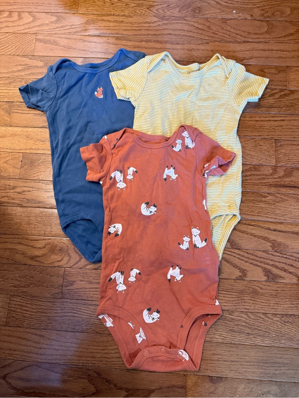 Carter’s 24M 3 Piece Onesie Set - Rust Fox, Navy Fox, Yellow Stripe